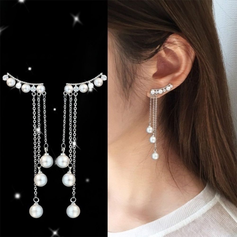Women Faux Pearls Inlaid Chain Tassel Dangle Ear Jackets Earrings Jewelry Gift