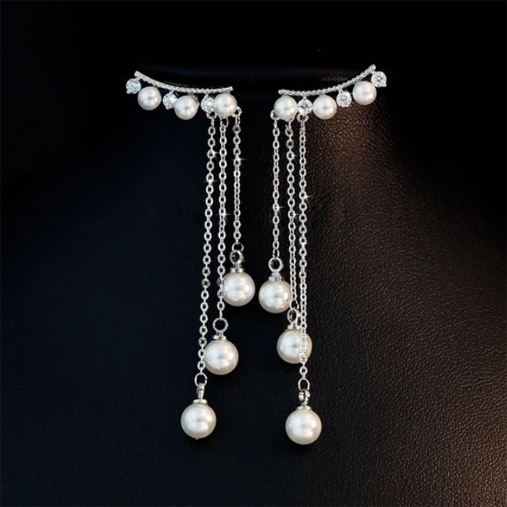 Women Faux Pearls Inlaid Chain Tassel Dangle Ear Jackets Earrings Jewelry Gift