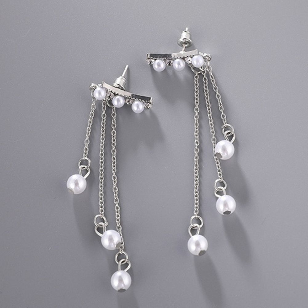 Women Faux Pearls Inlaid Chain Tassel Dangle Ear Jackets Earrings Jewelry Gift