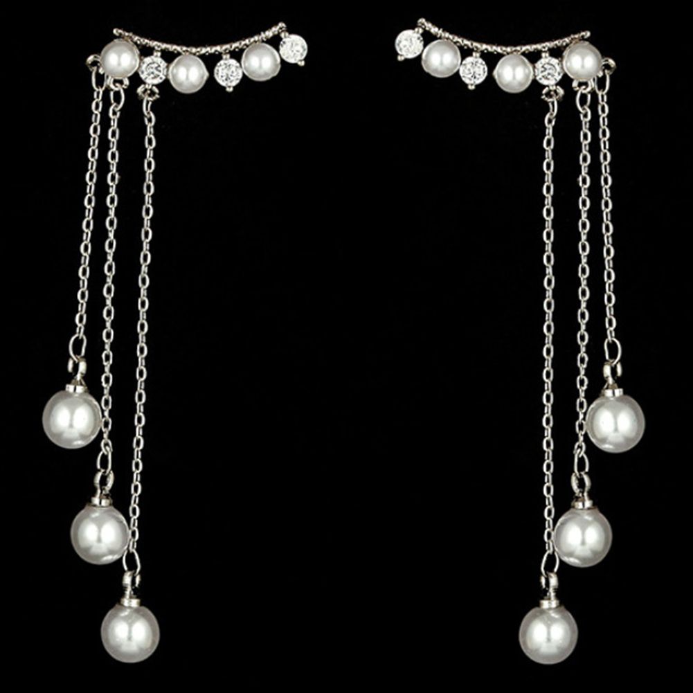Women Faux Pearls Inlaid Chain Tassel Dangle Ear Jackets Earrings Jewelry Gift