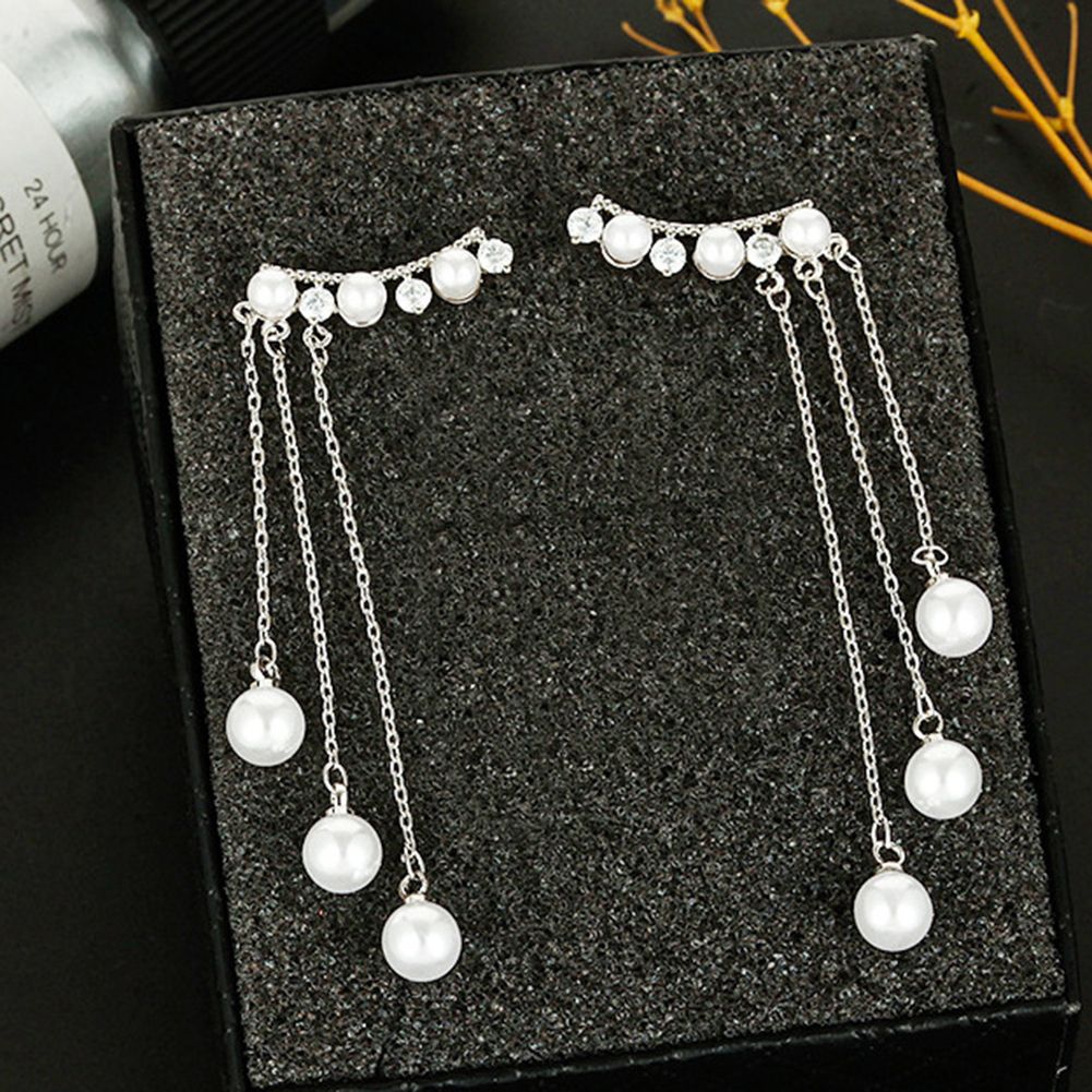 Women Faux Pearls Inlaid Chain Tassel Dangle Ear Jackets Earrings Jewelry Gift