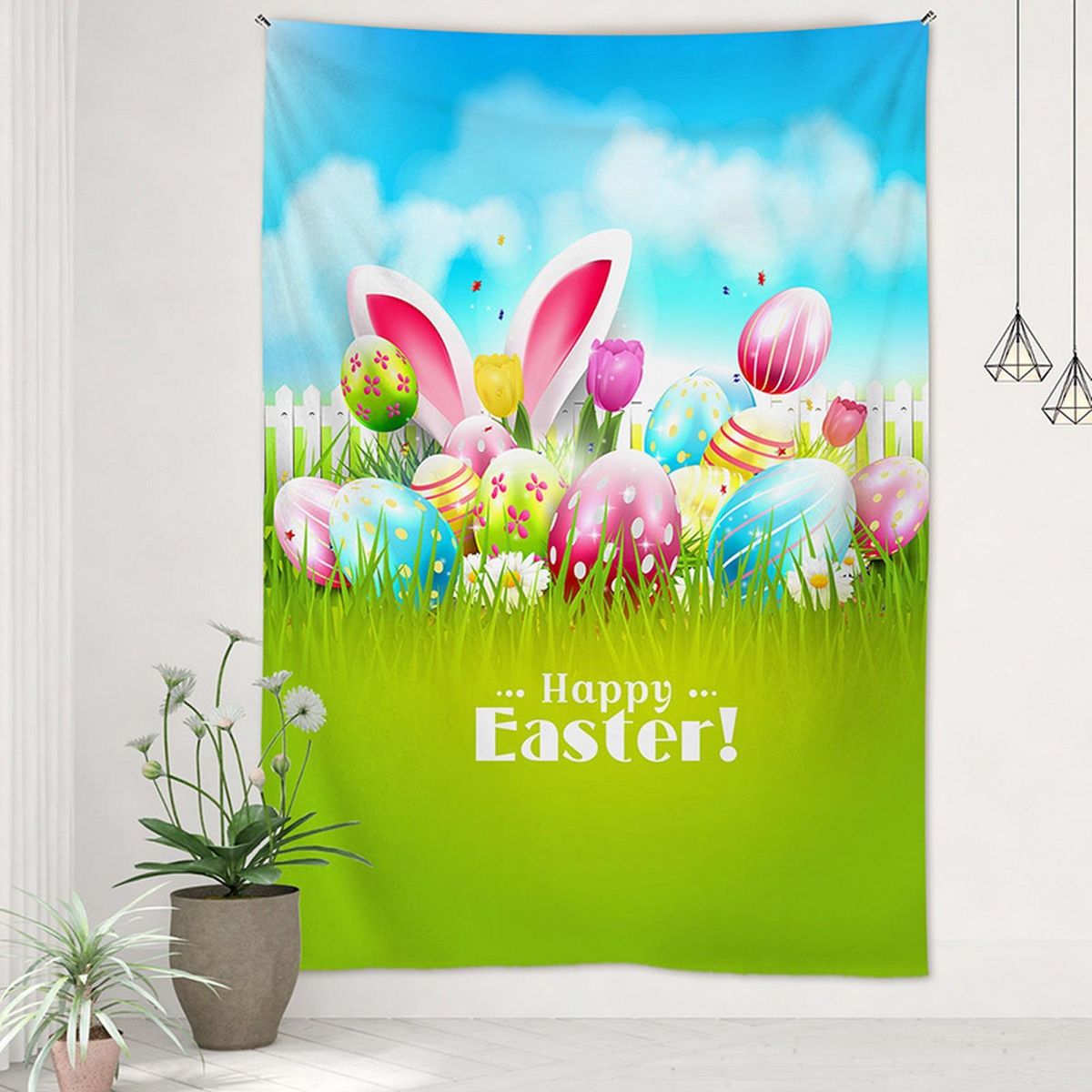 Wall Background Cloth Colorful Eggs Wall Hanging Blanket Home Party Background Cloth Green