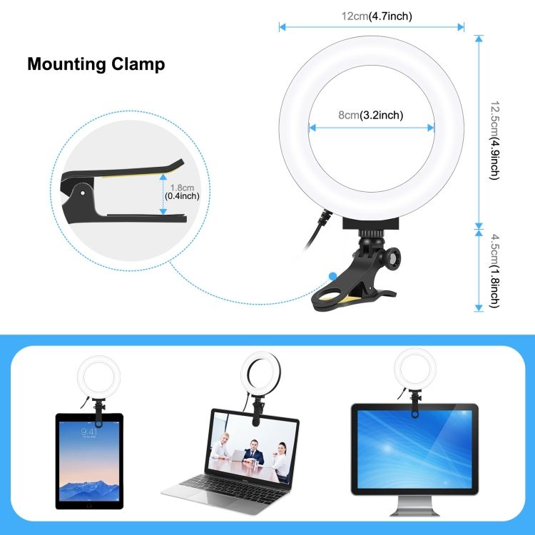 PULUZ 4.7 Inch 12cm Ring Selfie Light + Monitor Clip