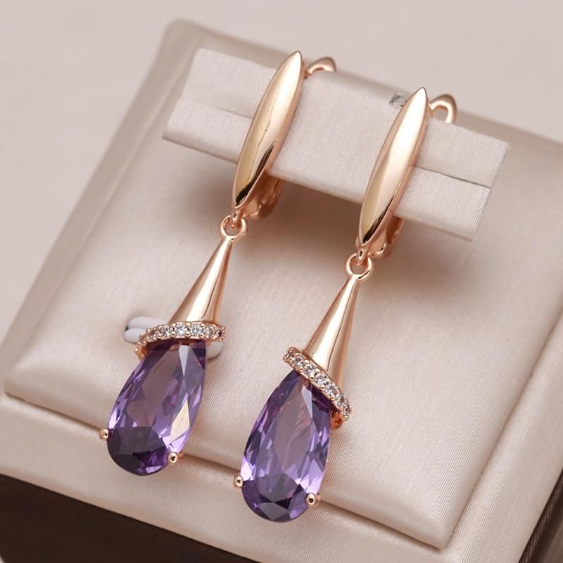 Kinel Fashion 585 Rose Gold Long Earrings for Women Water Drop Purple Natural Zircon Dangle Earring Fine Jewelry Crystal Gift