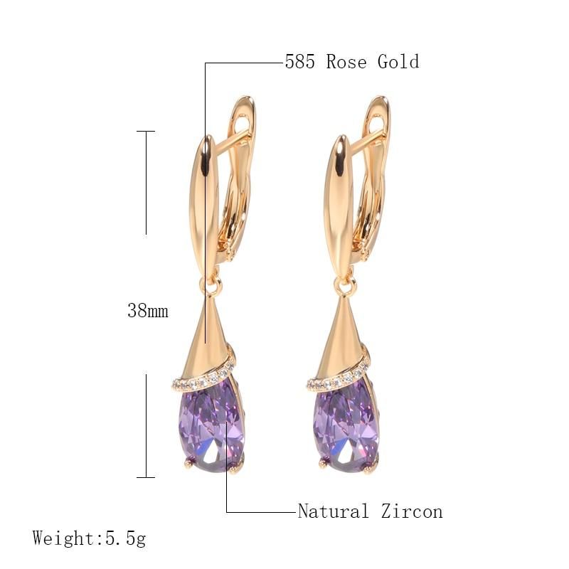 Kinel Fashion 585 Rose Gold Long Earrings for Women Water Drop Purple Natural Zircon Dangle Earring Fine Jewelry Crystal Gift
