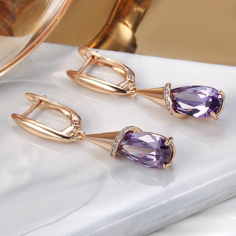 Kinel Fashion 585 Rose Gold Long Earrings for Women Water Drop Purple Natural Zircon Dangle Earring Fine Jewelry Crystal Gift