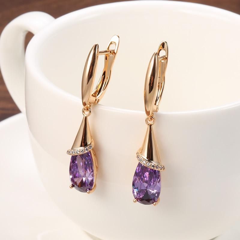 Kinel Fashion 585 Rose Gold Long Earrings for Women Water Drop Purple Natural Zircon Dangle Earring Fine Jewelry Crystal Gift