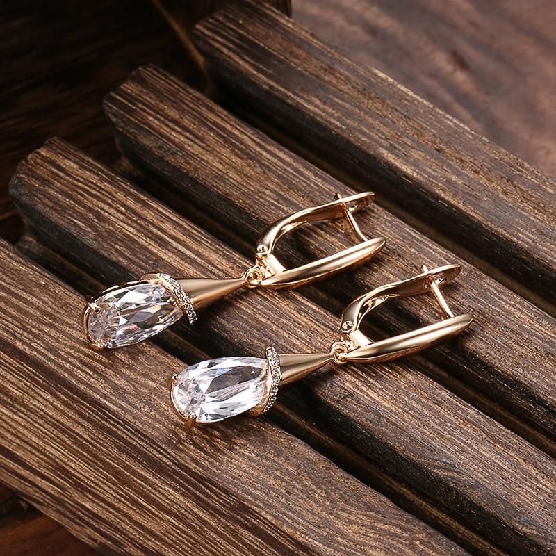 Kinel Fashion 585 Rose Gold Long Earrings for Women Water Drop Purple Natural Zircon Dangle Earring Fine Jewelry Crystal Gift
