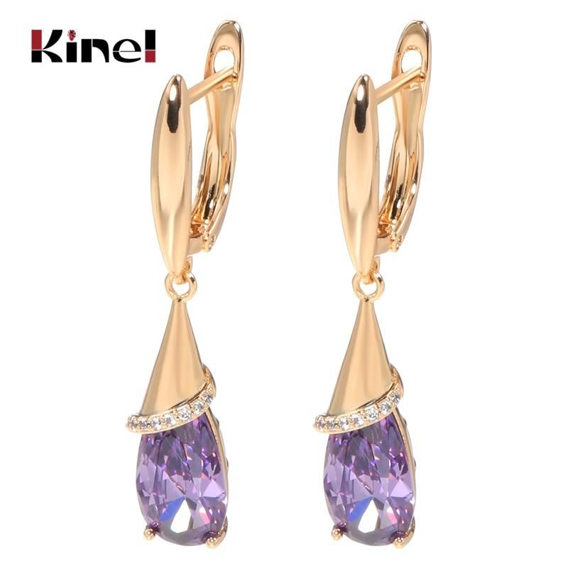 Kinel Fashion 585 Rose Gold Long Earrings for Women Water Drop Purple Natural Zircon Dangle Earring Fine Jewelry Crystal Gift