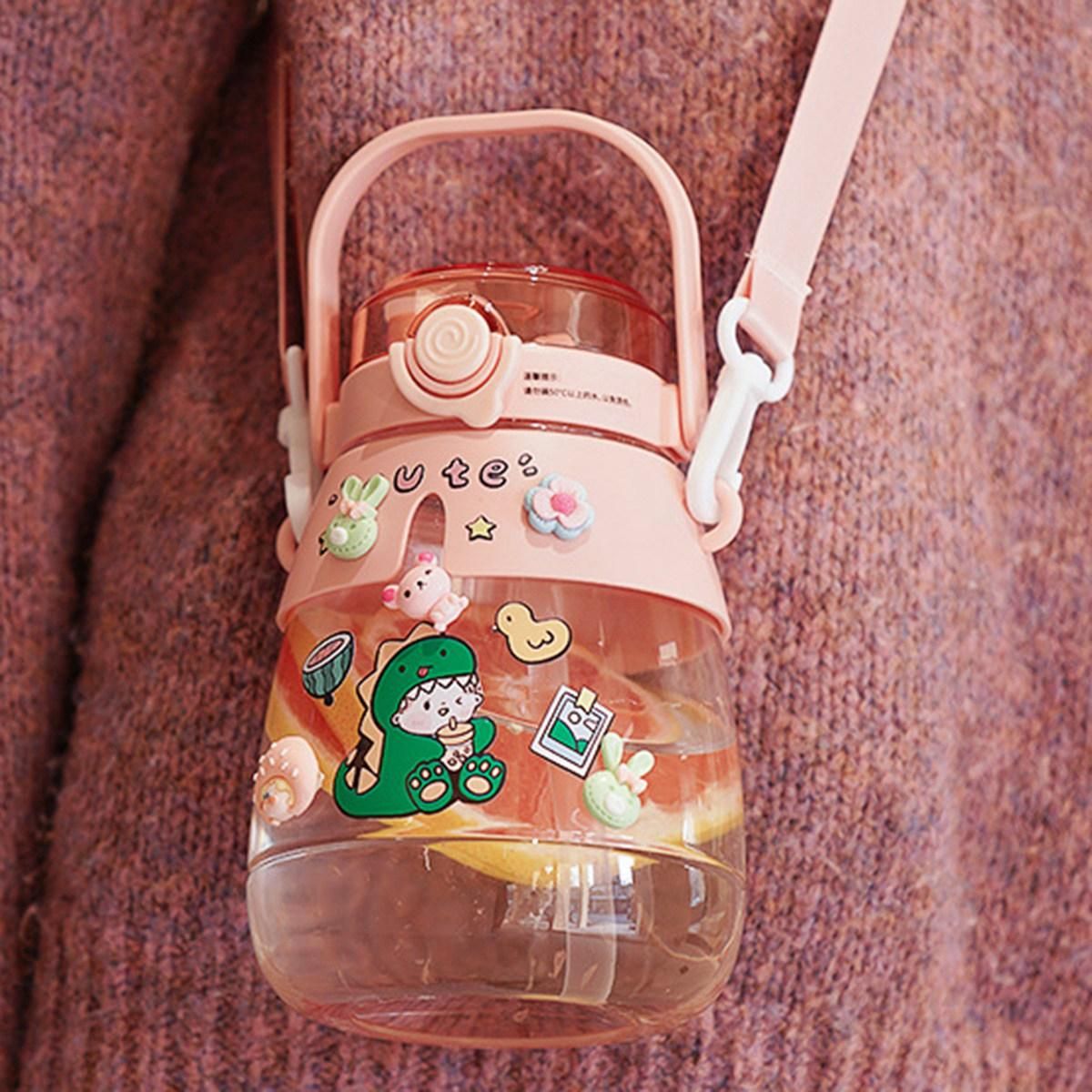 Gradient Cute Water Bottle for Girls Kids Big Belly Cup with Straw Stickers 1.3L Plastic Outdoor Sports Kettle 4