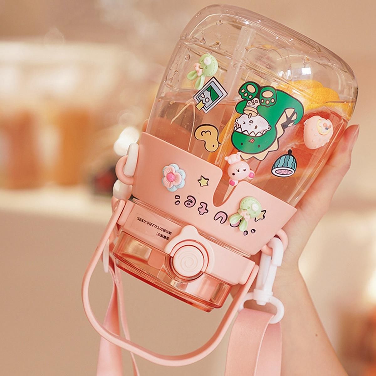 Gradient Cute Water Bottle for Girls Kids Big Belly Cup with Straw Stickers 1.3L Plastic Outdoor Sports Kettle 4