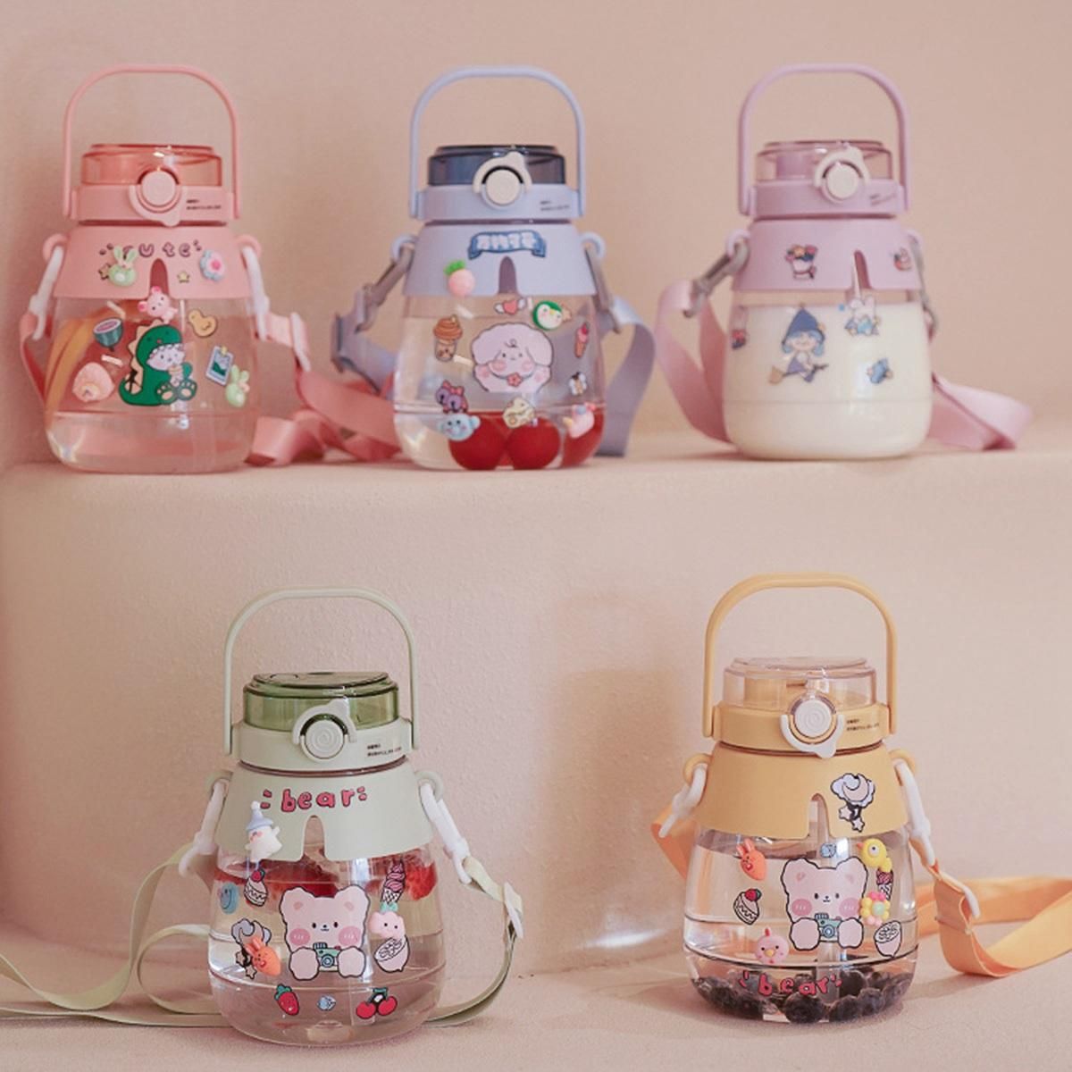 Gradient Cute Water Bottle for Girls Kids Big Belly Cup with Straw Stickers 1.3L Plastic Outdoor Sports Kettle 4