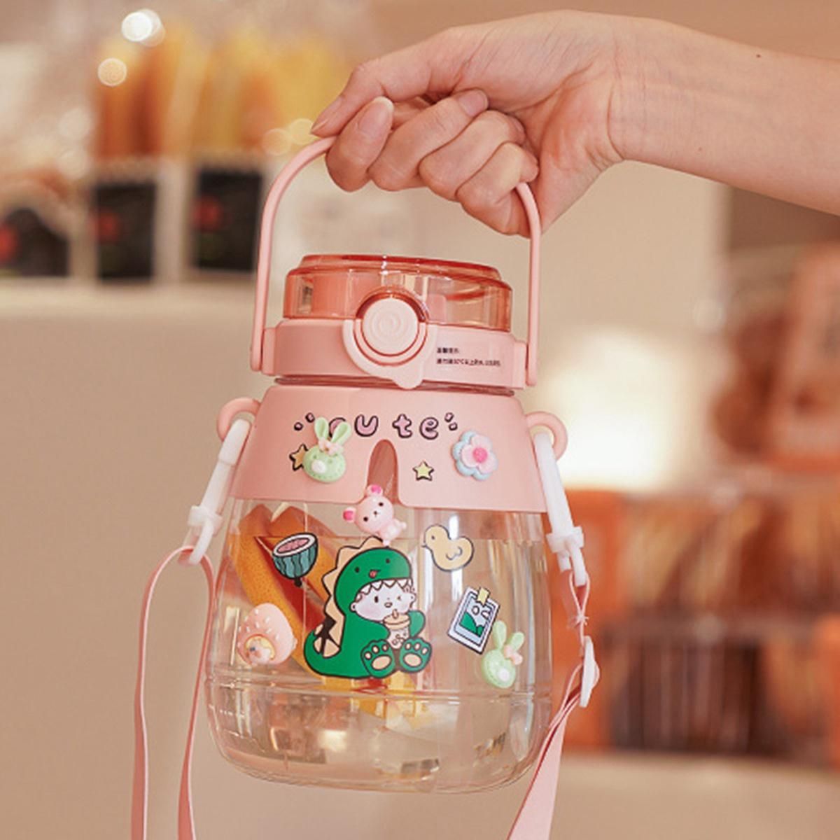 Gradient Cute Water Bottle for Girls Kids Big Belly Cup with Straw Stickers 1.3L Plastic Outdoor Sports Kettle 4