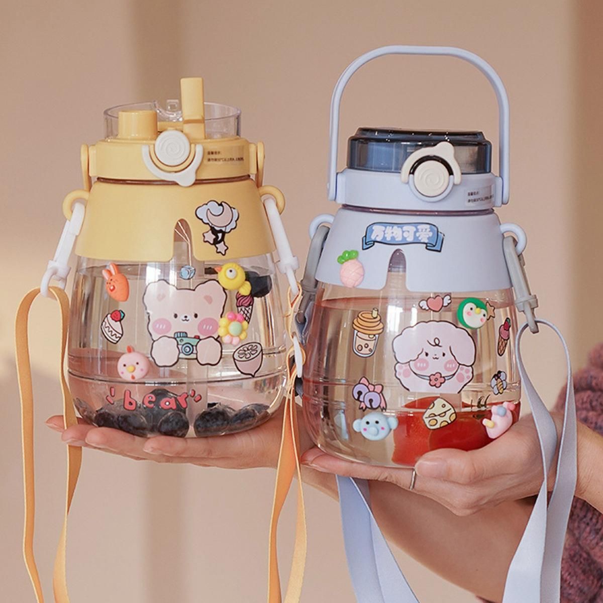 Gradient Cute Water Bottle for Girls Kids Big Belly Cup with Straw Stickers 1.3L Plastic Outdoor Sports Kettle 4