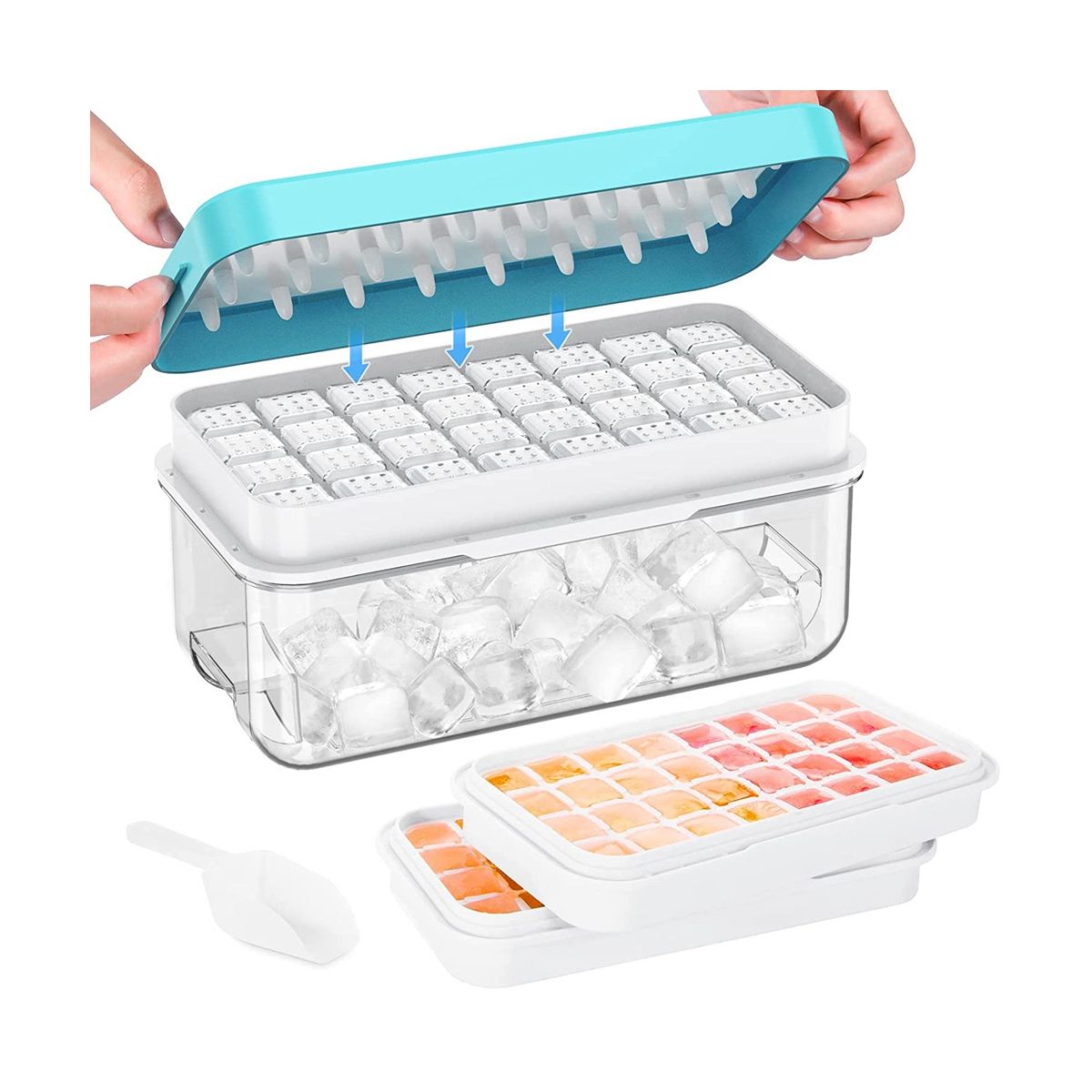 Ice Square Tray with Lid and Bin 64 Pcs Ice Cubes Molds Ice Trays for Freezer Tray Mold Ice Freezer Container