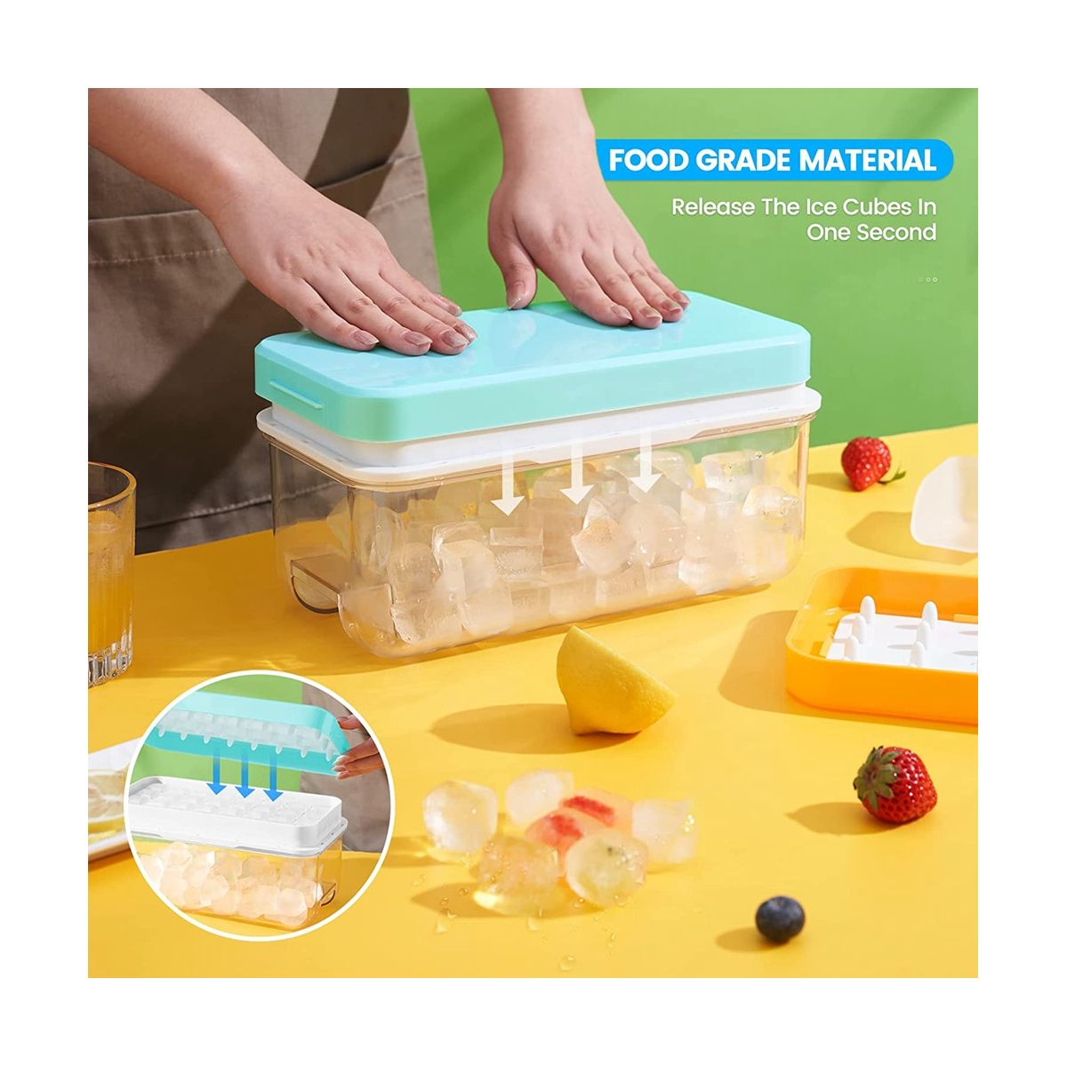 Ice Square Tray with Lid and Bin 64 Pcs Ice Cubes Molds Ice Trays for Freezer Tray Mold Ice Freezer Container