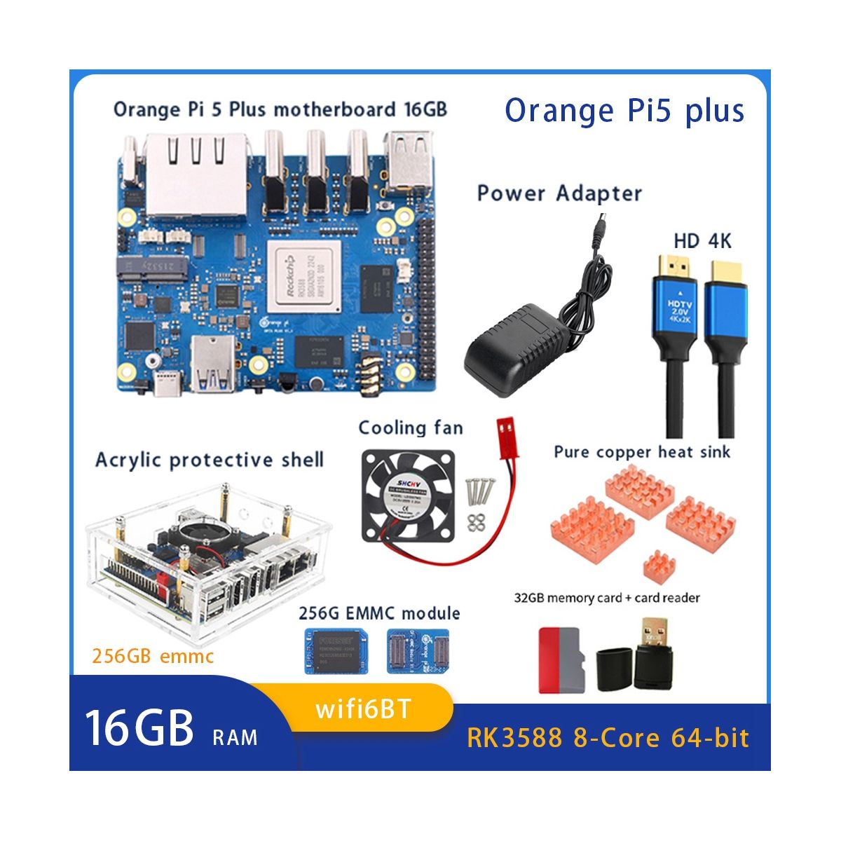 For Orange Peel 5 Plus 16GB RAM + 256GB Emmc Module RK3588 Octa-Core Support 8K Video 2.5G WiFi6 BT Module Kit EU Plug