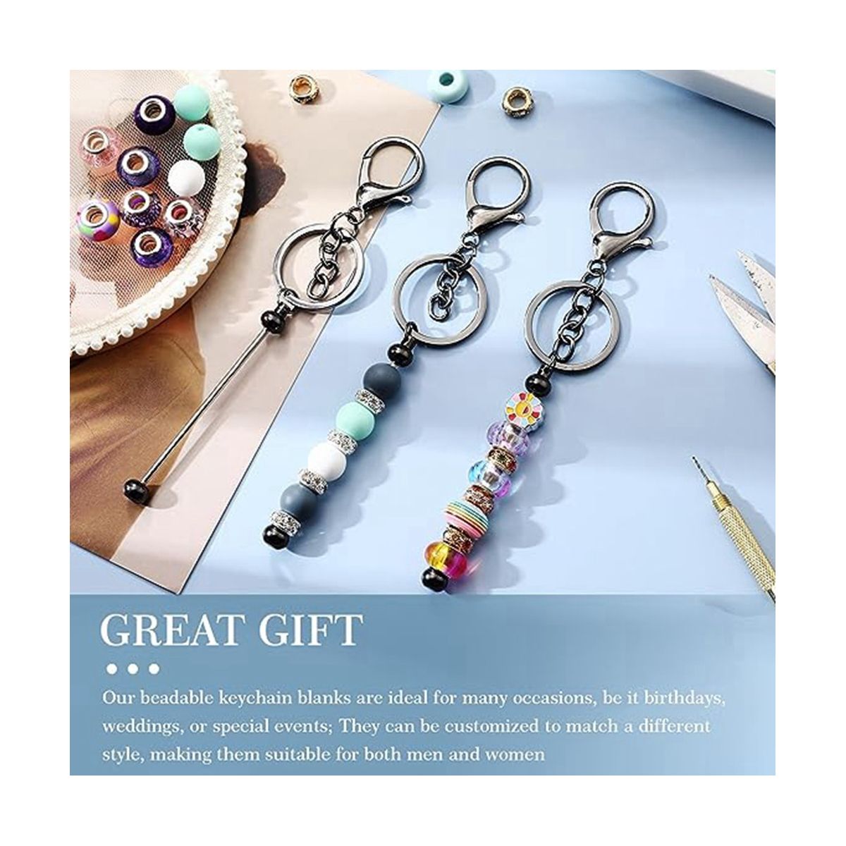 6 Pcs Beadable Keychain Bars Blanks Bead Keychain Metal Beaded Keychain for DIY Pendant Crafts Jewelry Making,Gun Gray