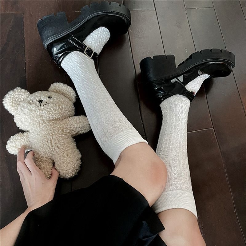 (Black)Japan Style High School Student Stockings Long Socks Solid Black White Summer Thin Woma SMA