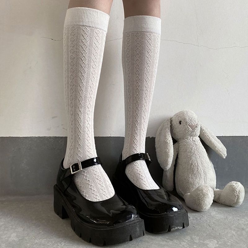 (Black)Japan Style High School Student Stockings Long Socks Solid Black White Summer Thin Woma SMA