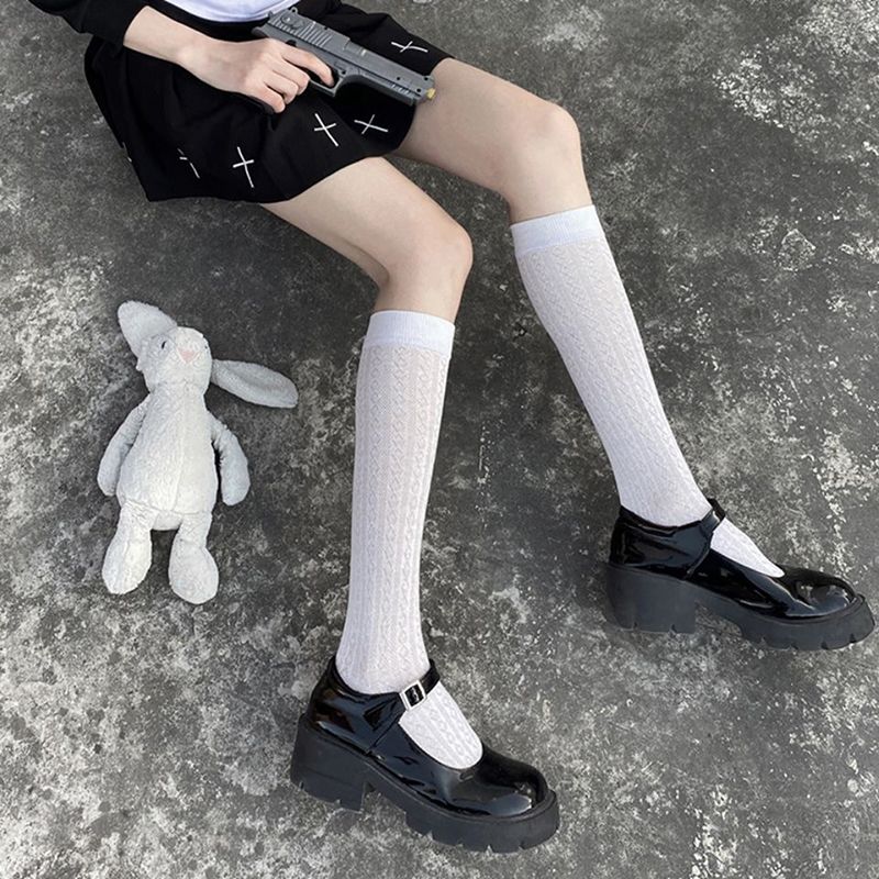 (Black)Japan Style High School Student Stockings Long Socks Solid Black White Summer Thin Woma SMA