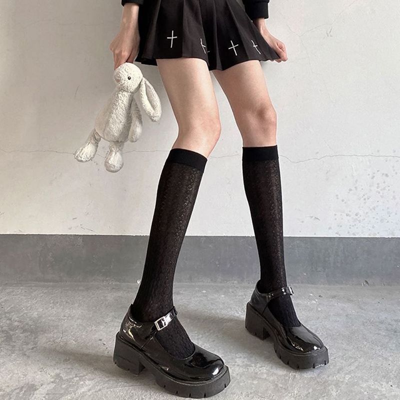 (Black)Japan Style High School Student Stockings Long Socks Solid Black White Summer Thin Woma SMA