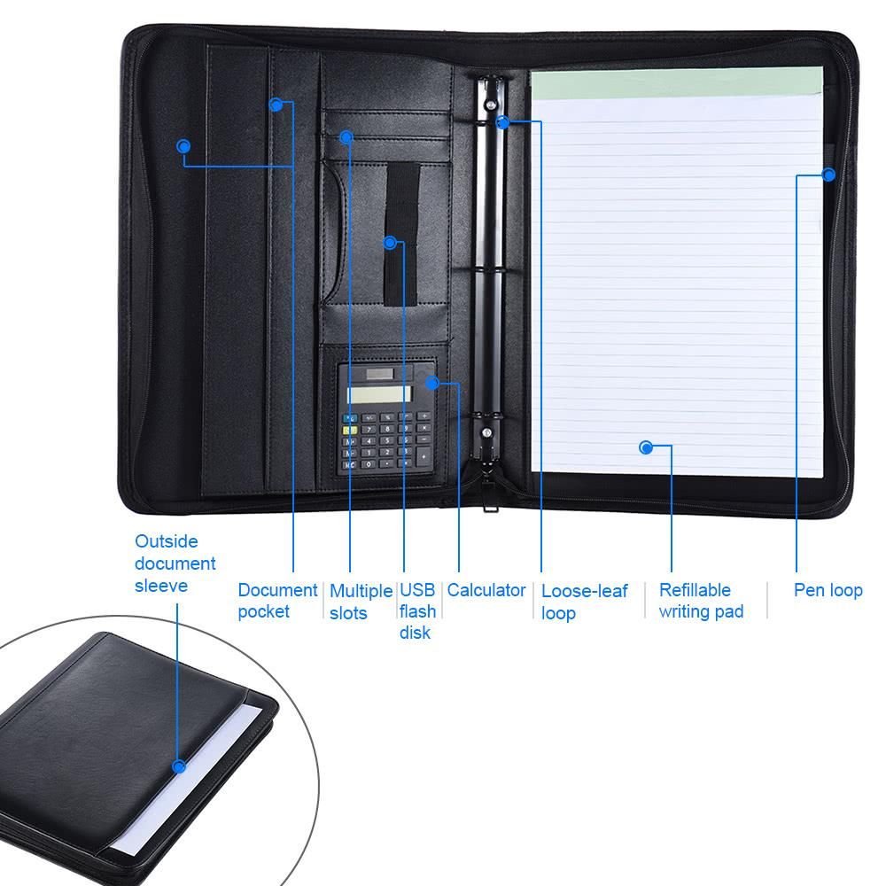 Multifunctional Professional Business Portfolio Padfolio Folder Document Case Organizer A4 PU Leather Zippered Closure Loose-leaf Loop with Caculator Business Card Holder Memo Note Pad