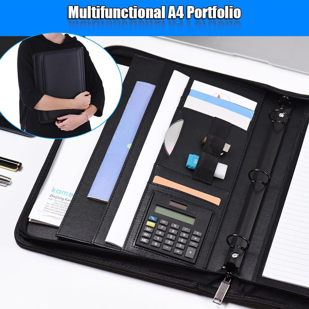 Multifunctional Professional Business Portfolio Padfolio Folder Document Case Organizer A4 PU Leather Zippered Closure Loose-leaf Loop with Caculator Business Card Holder Memo Note Pad