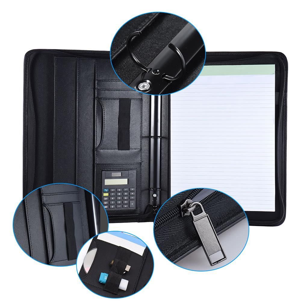 Multifunctional Professional Business Portfolio Padfolio Folder Document Case Organizer A4 PU Leather Zippered Closure Loose-leaf Loop with Caculator Business Card Holder Memo Note Pad
