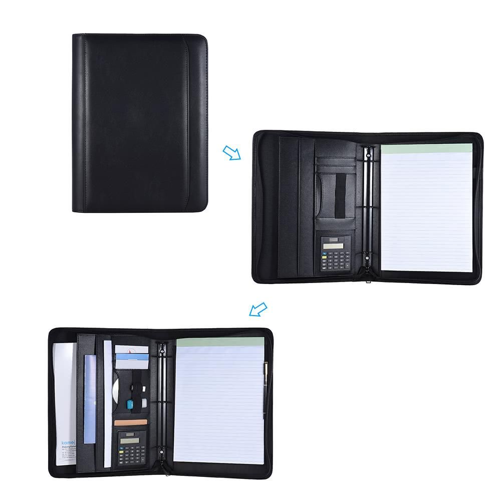 Multifunctional Professional Business Portfolio Padfolio Folder Document Case Organizer A4 PU Leather Zippered Closure Loose-leaf Loop with Caculator Business Card Holder Memo Note Pad