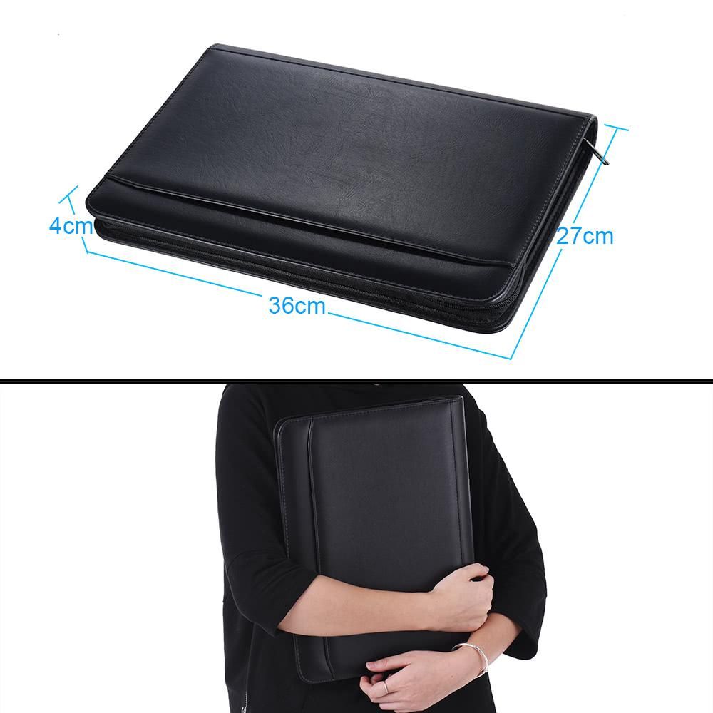 Multifunctional Professional Business Portfolio Padfolio Folder Document Case Organizer A4 PU Leather Zippered Closure Loose-leaf Loop with Caculator Business Card Holder Memo Note Pad
