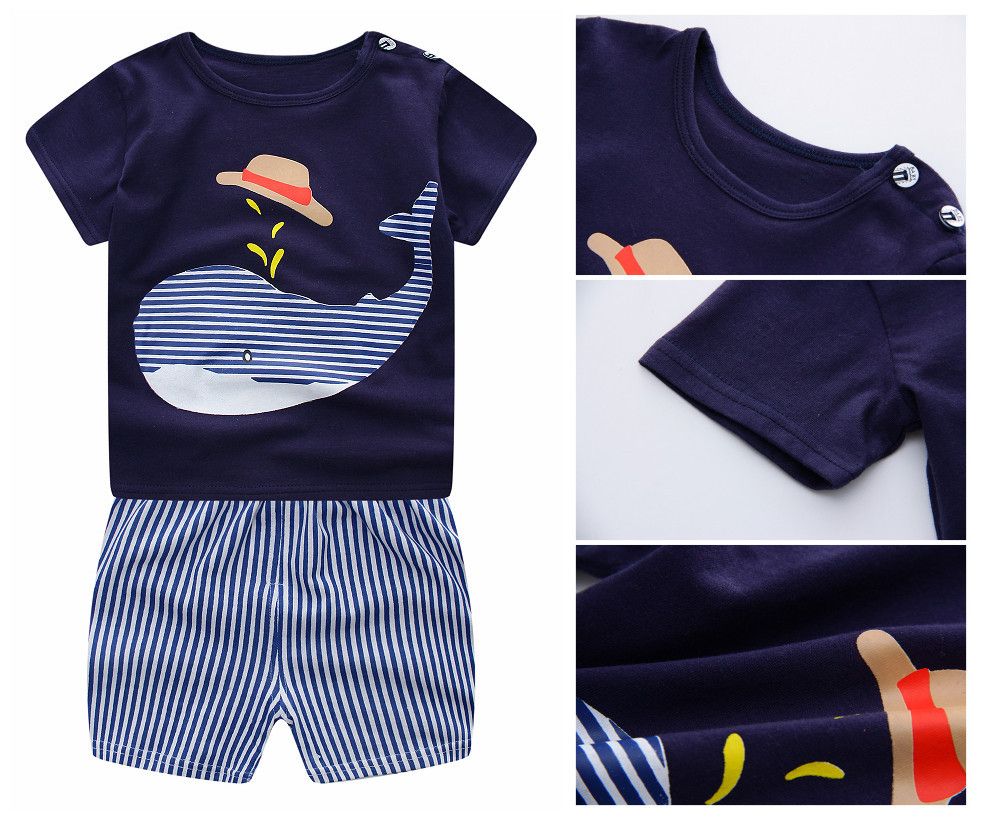 Set Of 2 Cartoon Animal Blue Whale T-Shirt Shorts Set Striped Soft Cotton Girls Boys Toddler Clothes