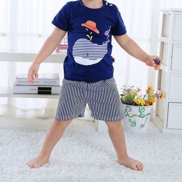 Set Of 2 Cartoon Animal Blue Whale T-Shirt Shorts Set Striped Soft Cotton Girls Boys Toddler Clothes