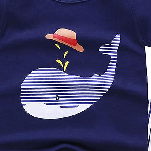 Set Of 2 Cartoon Animal Blue Whale T-Shirt Shorts Set Striped Soft Cotton Girls Boys Toddler Clothes