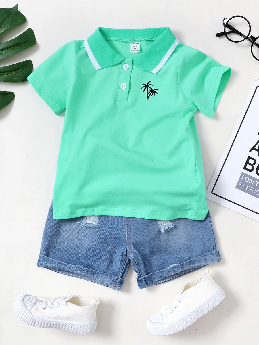 4-7 Years Kid Boy Green Polo T-shirt+ Denim Shorts Jeans