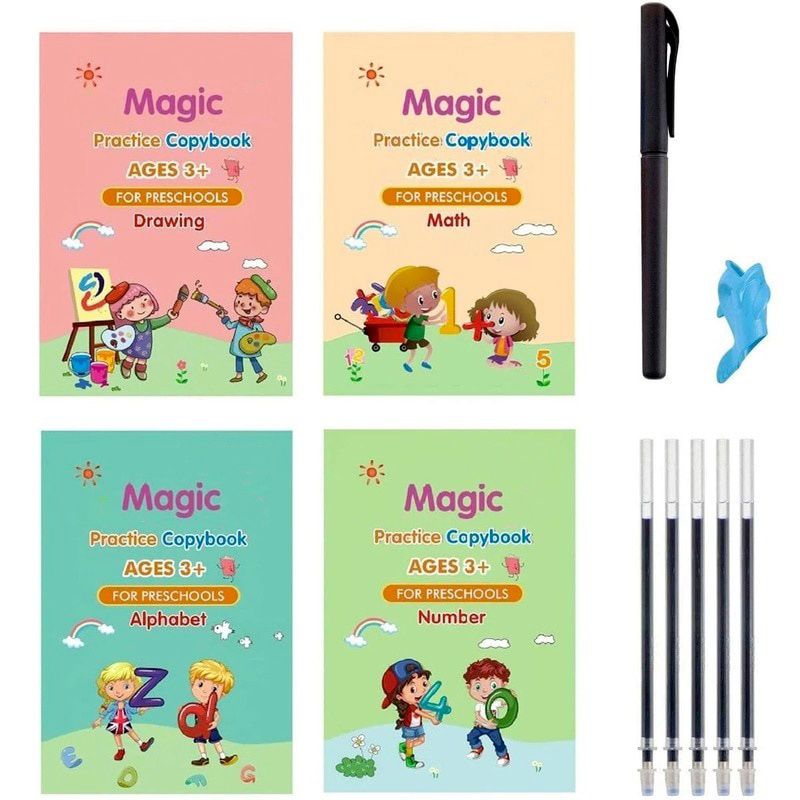 Children's Magic Book 4 Volumes/sets Of Reusable 3D Magic Practice Notebooks Large Size Calligraphy Copybook English Numbers English A 13x19CM