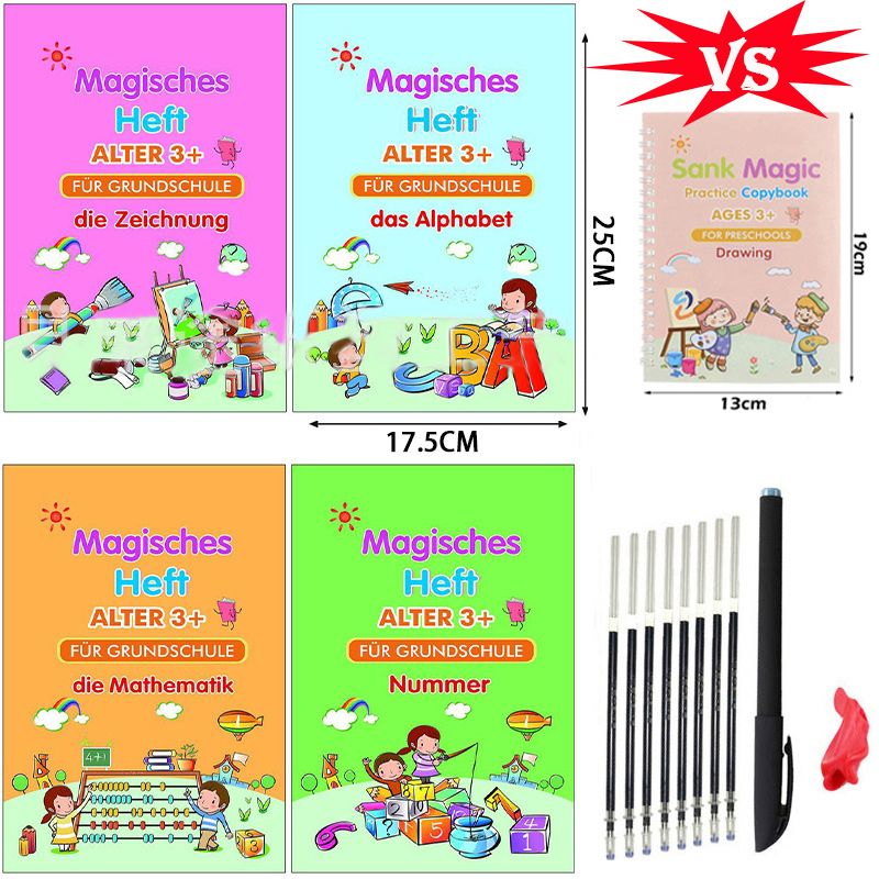 Children's Magic Book 4 Volumes/sets Of Reusable 3D Magic Practice Notebooks Large Size Calligraphy Copybook English Numbers German 17.5x25CM