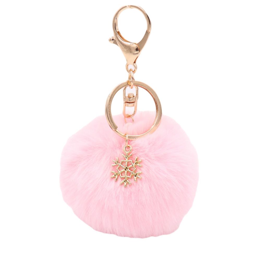 Snowflake Fluffy Pompom Ball Key Chain Ring-Light Pink