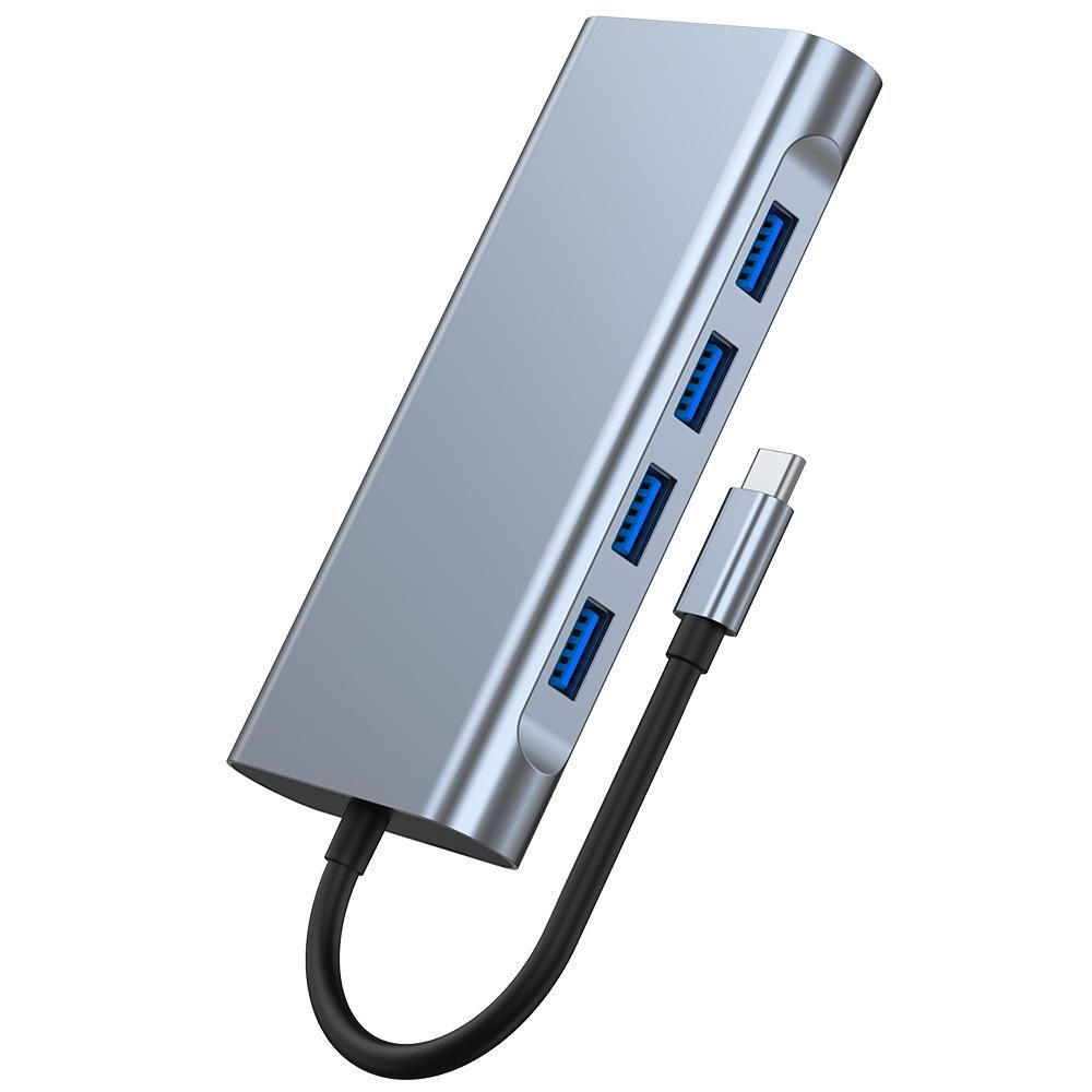 Type-C 11-in-1 Hub Aluminum Alloy Shell with USB2.0 USB3.0 HD VGA PD RJ45 Ports SD TF Card Slots 3.5mm Audio Interface