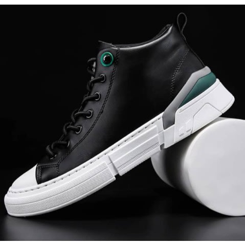 Leather High Top Sneakers - Black