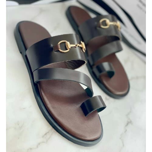 Chain Leather Slippers - Dark Brown