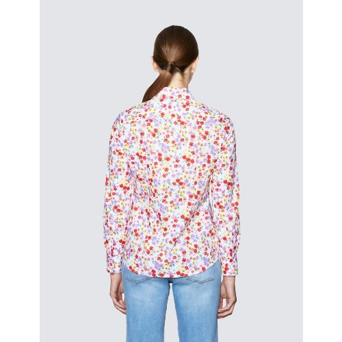 Women's Summer Floral Print Semi Fitted Shirt - White & Red