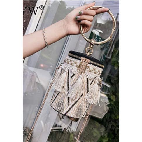 Drum Shape Tassel Handbag With Chain Handle - Black
