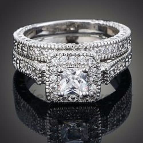 Platinum & Crystal Plated Wedding/Engagement Ring - 2pcs