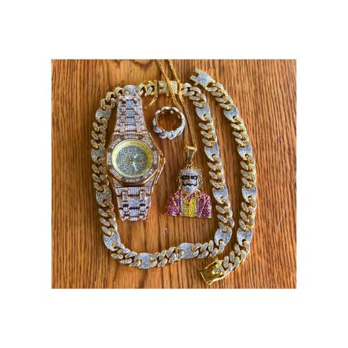 Magnificent Luxury Mega Set Of Rugged Wristwatch + Iced Necklace & Bracelet For Luxury Men/women