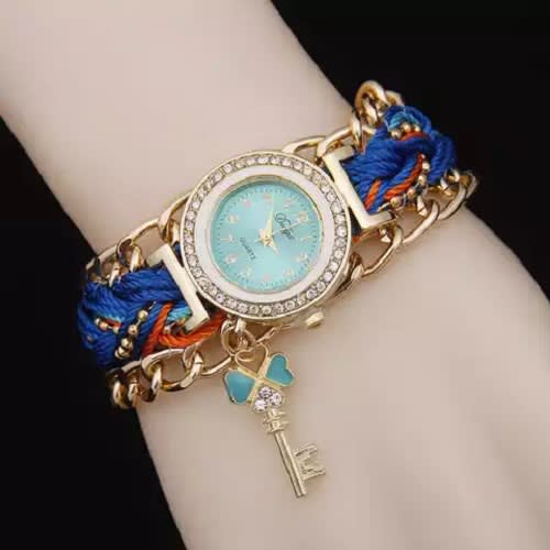 Women's Rhinestone Clover Key Pendant Braided String Bracelet Wristwatch