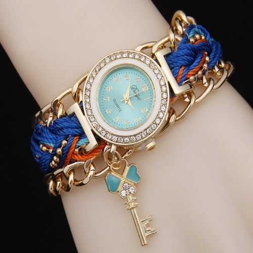 Women's Rhinestone Clover Key Pendant Braided String Bracelet Wristwatch