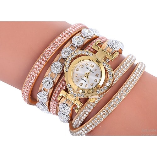 Women Studded Bracelet Wrist Watch- Gold