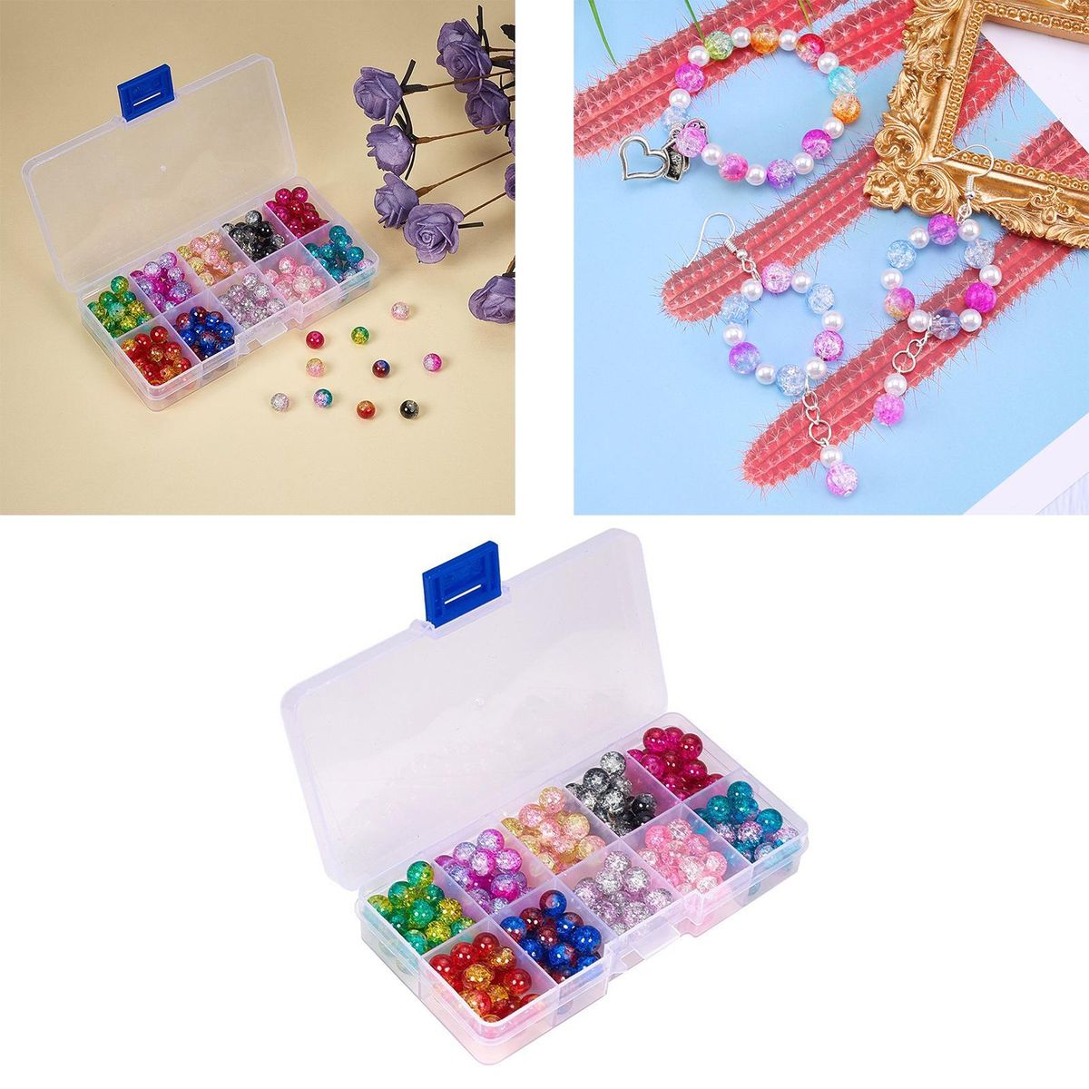 200x Mixed Colour Crackle Glass Beads Jewelry Making 8mm Gemstone DIY