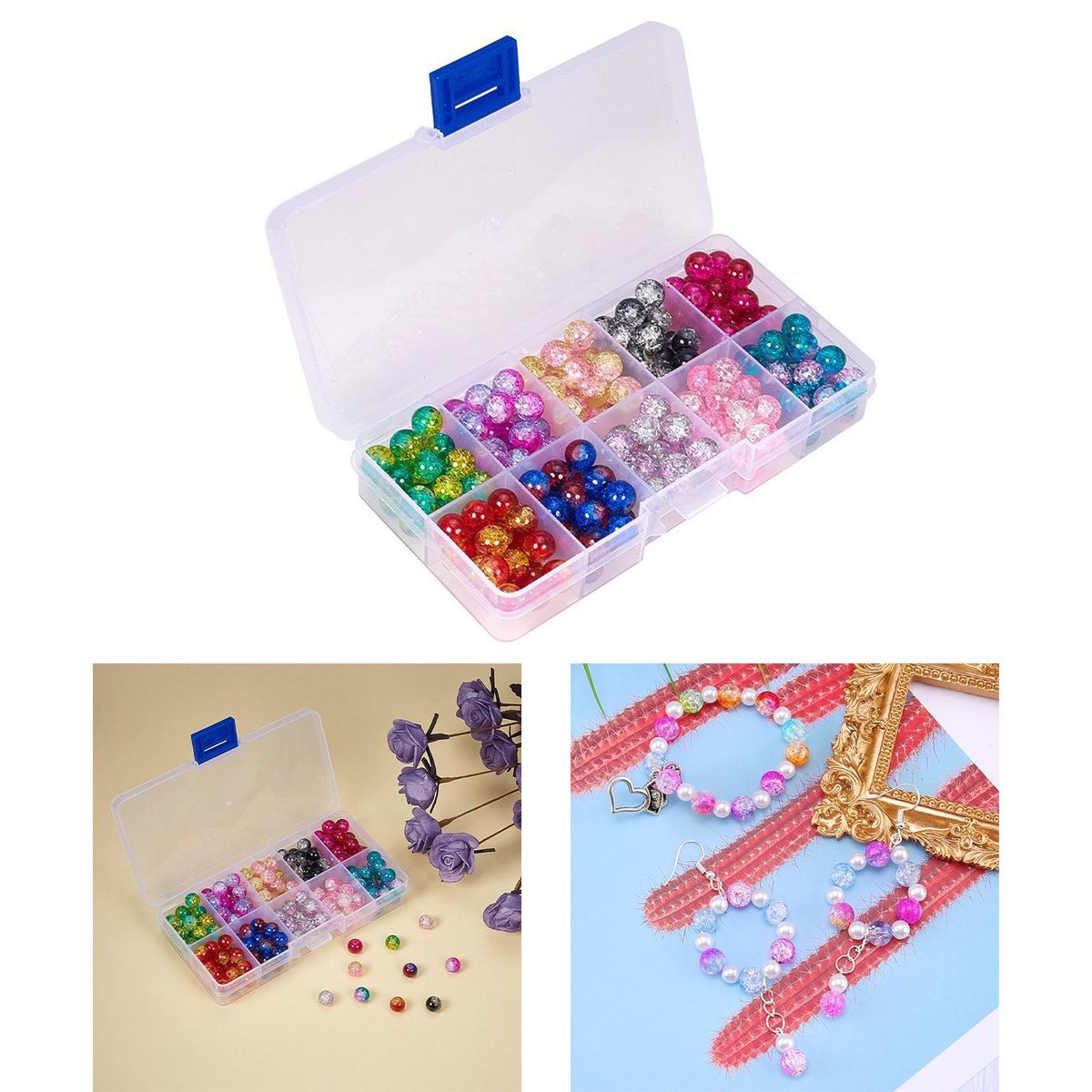 200x Mixed Colour Crackle Glass Beads Jewelry Making 8mm Gemstone DIY